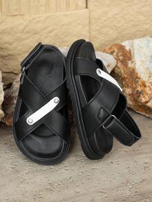 2026新款男童露趾凉鞋，休闲撞色交叉绑带平底拖鞋，儿童夏季防滑沙滩鞋 - 黑色 - 查看 6