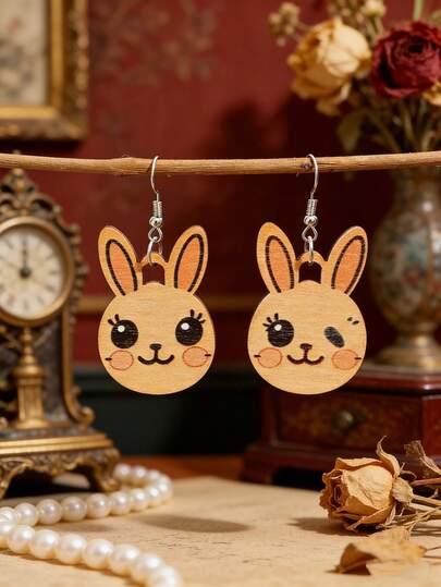 Bohemian Wooden Cartoon Rabbit Earrings, Cute Asymmetric Earrings For Women, Easter Rabbit Earrings