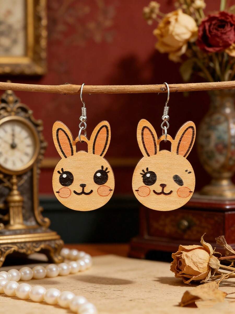 Bohemian Wooden Cartoon Rabbit Earrings, Cute Asymmetric Earrings For Women, Easter Rabbit Earrings - Multicolor - View 1