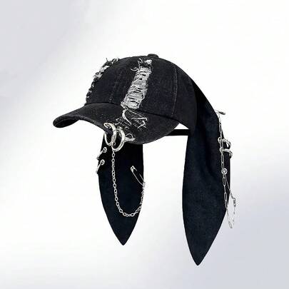 1pc Women's New Y2K Apocalyptic Bunny Ear Distressed Baseball Cap, Unique Street Hip Hop Snapback Hat,Summer,Beach