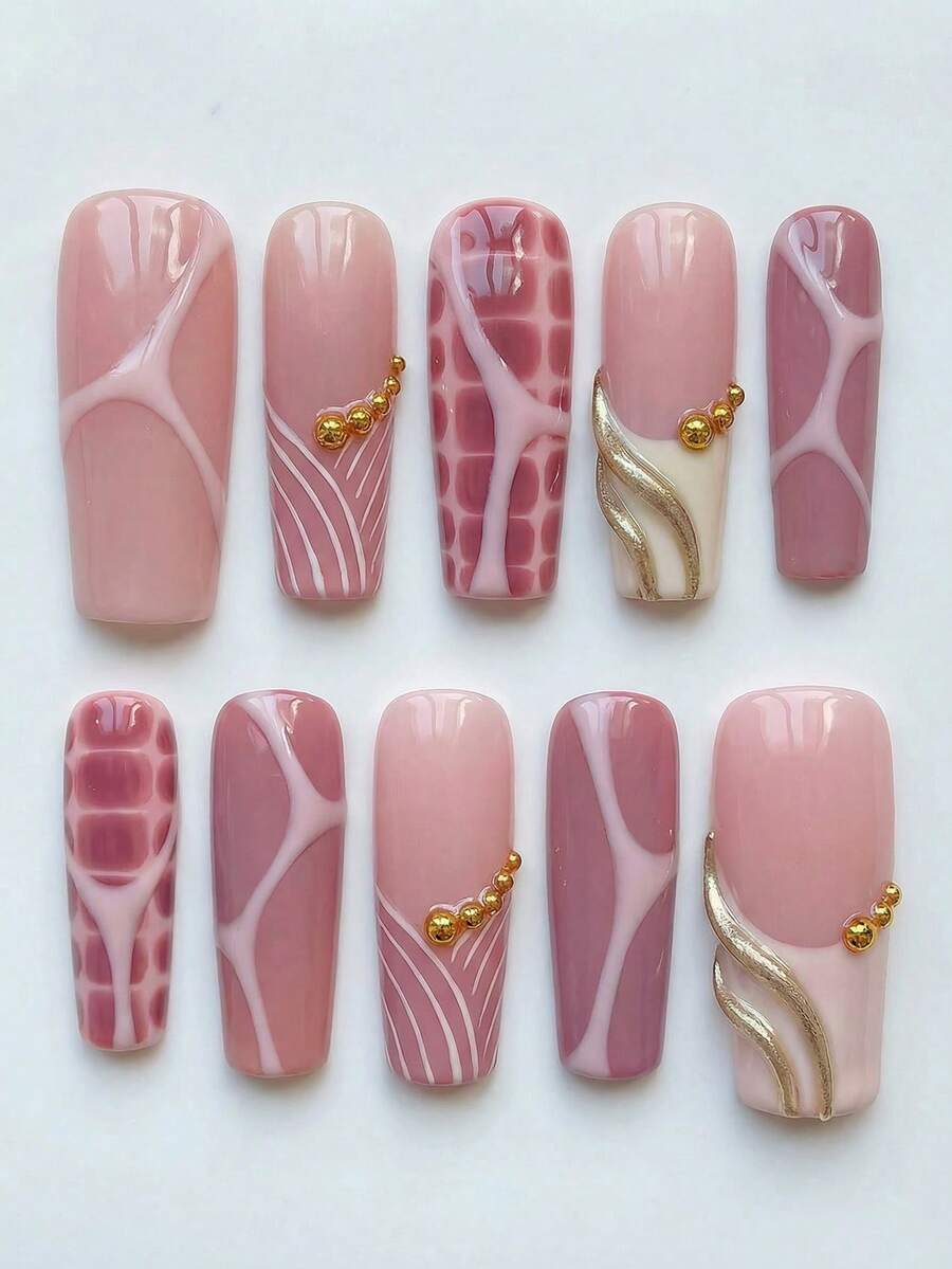 Bộ 10 móng giả hình chữ nhật thủ công phong cách Y2K/Punk, họa tiết động vật trừu tượng màu hồng và xoáy vàng kết hợp với họa tiết đường nét màu xám, bộ móng có thể tháo rời và tái sử dụng (bao gồm keo dán gel và dũa móng). - Hồng - Xem 1