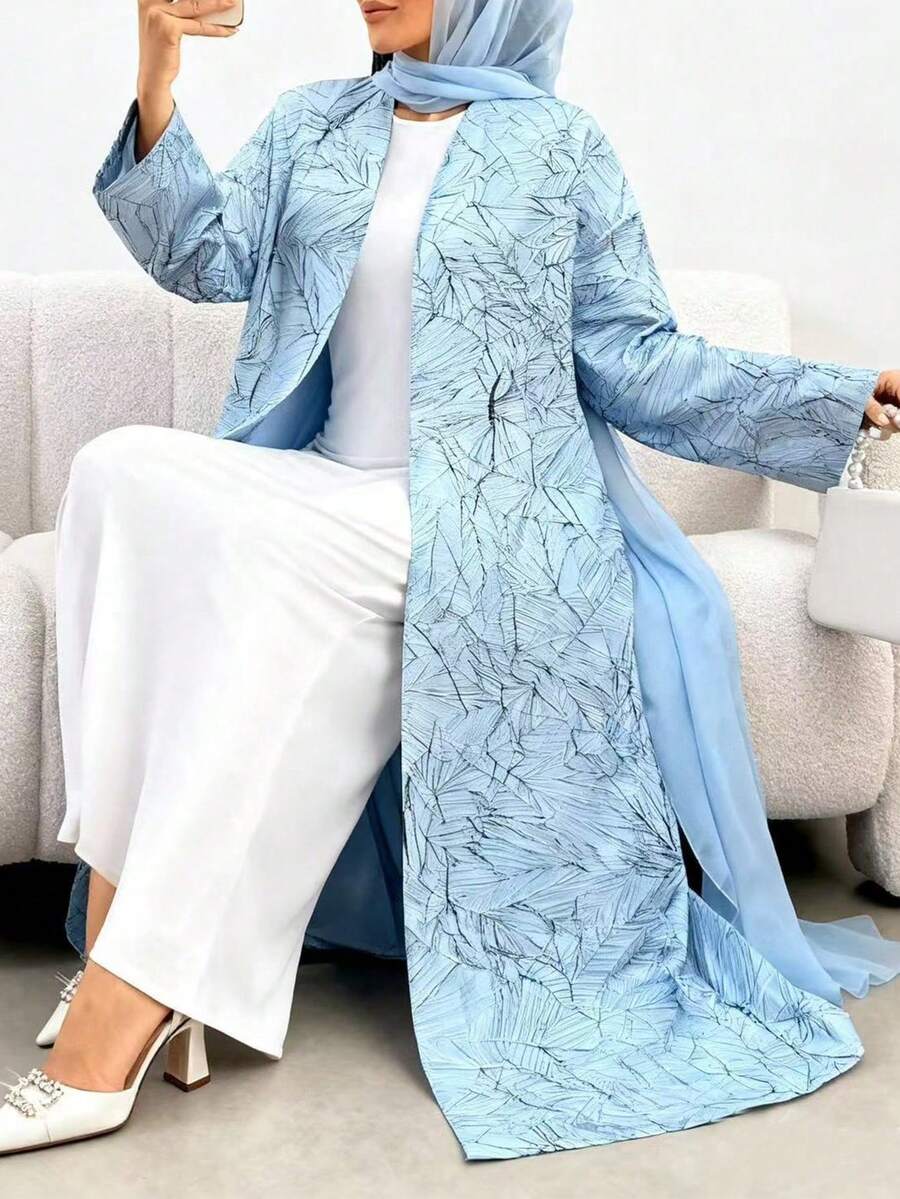 Plus Size Women Plant Pattern Long Sleeve Loose Arabic Abaya Vacation Spring - Blue - View 1