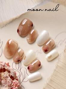 10片装美甲贴片，浅棕色晕染粉色花朵白色美甲贴片，短指甲假指甲，人造指甲套装，包含1张粘性贴片和1个迷你指甲锉。 - 彩色 - 查看 2