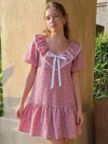 Vestido a Cuadros para Mujer, Cuello Cuadrado y Manga Corta Abullonada, Mini con Borde Volante, Holgado para Uso Diario y Vacaciones de Verano - Rojo - Ver 3