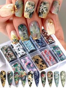 10张彩色复古玫瑰叶花卉美甲转印箔纸 - 春夏盛开的花朵和闪亮图案，预裁切光面塑料贴纸，适用于DIY美甲，日韩风格美甲设计（一次性使用），美甲用品，粉彩色系装饰 - 彩色 - 查看 2