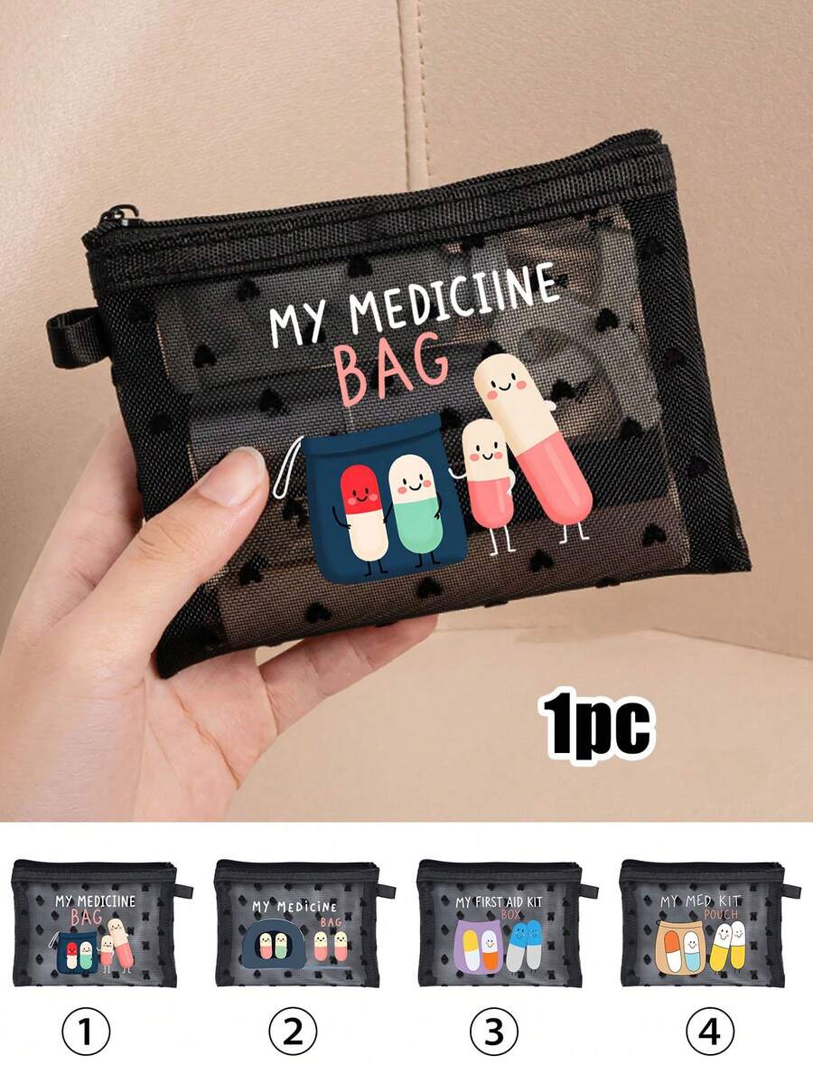 1个迷你便携网状药袋，印有药丸图案，可用作急救包、医疗应急包，适合户外居家使用，也适合旅行收纳、化妆包、节日收纳、护肤包、润唇膏收纳，是母亲节礼物、生日礼物、浴室收纳、学生宿舍洗漱包的理想之选，也是送给妻子、家人和朋友的礼物。