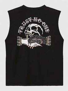 FRACTYR 男士休闲无袖T恤，英式街头元素图案印花，夏季运动风背心 - 黑色 - 查看 4