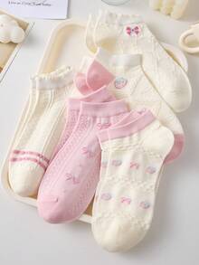 5 Pairs Bow Design White And Pink Cute Ladies' Ankle Socks, Non-Slip Comfortable Breathable, Suitable For Spring And Summer - Pink - View 5