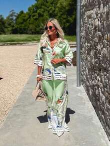 2pcs Set: City Print Shirt With Decorative Trim & Wide Leg Pants, Fashion Style - 綠色 - 查看 4