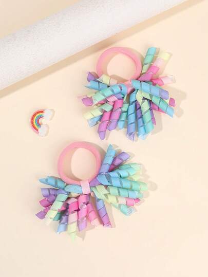 2pcs Gradient Korker Hair Ties For Girls Cute Rainbow Rubber Bands Grosgrain Ribbon Ponytail Holder Festive Birthday Party Hair Ring Cute Hair Scrunchie Teens Hair Accessories