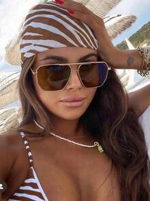 1pc Y2K Futuristic Square Double Bridge Personalized Fashion Glasses, Versatile Back To School Fashion - 棕色 - 查看 5