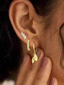 3pcs Classic Elegant Gold Leaf Cubic Zirconia Studded Earrings, Fashionable Gift Earrings For Friends - Gold - View 3