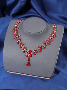 4pcs Crown Headpiece Set, Elegant & Luxurious Rhinestone Queen Crown Necklace Earrings Bridal Wedding Accessories - Red - View 5