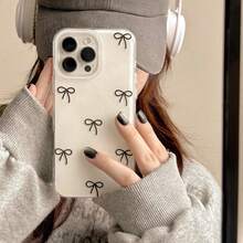 蝴蝶结图案单件装简约线条蝴蝶结可爱白色手机壳 - 兼容 17 Air 16 15 14 13 12 Pro Max，柔软硅胶保护后盖，适合女孩使用 - 白色 - 查看 1