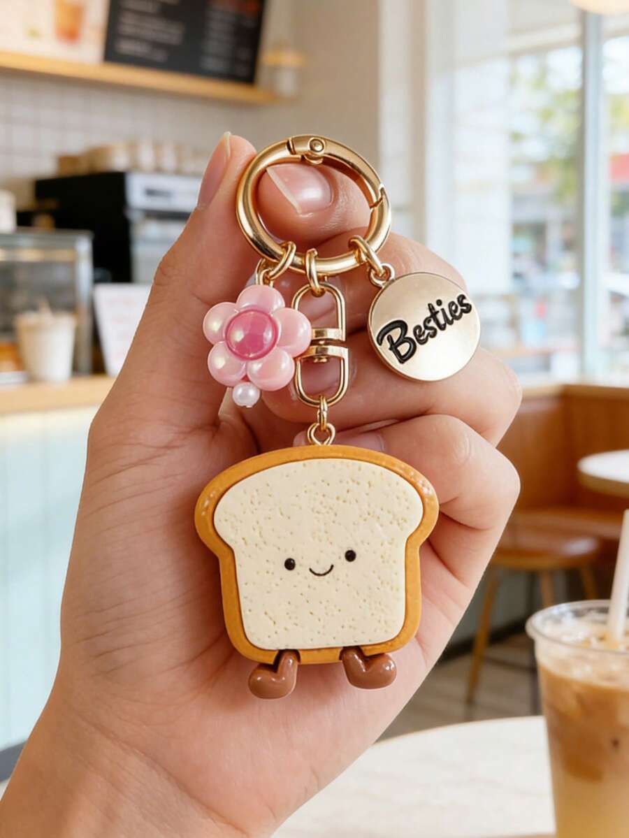 1pc Cute Girl, Flower, Toast, Bread, Hamburger, Croissant Food Pendant Keychain Bag Charm, Great Gift For Best Friend - Multicolor - View 1