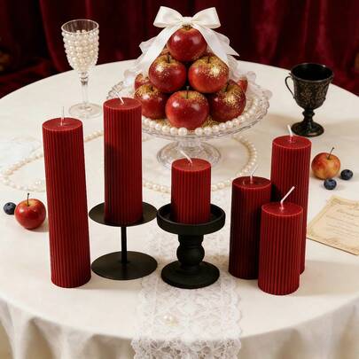 1pc Burgundy Cylindrical Scented Candle, Smokeless Soy Wax Candle, Striped Cylindrical Candle, Decorative Candle Set, Suitable For Home Decor, Holiday Decoration, Holiday Gifts, Gifts For Friends, Gifts For Ladies, Winter Gifts, Wedding Decoration, Wedding Gifts, Perfect For Romantic Candlelight Dinners, Yoga, Meditation, And Creating A Romantic Ambiance.