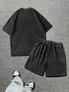 Skyrend Plus Size Men's Jesus English Element Print Casual Washed Short Sleeve Shorts Set, Spring/Summer Grunge - Black - View 7