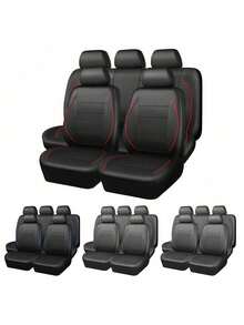 9件/4件套通用汽车座椅套，反光卷边真皮座椅保护套，适用于带安全气囊的车型，PU皮革，合成革，防水透气座椅套，通用型，适用于大多数轿车、SUV、卡车，豪华透气前排座椅套带腰部支撑，四季通用汽车座椅套，全套汽车座椅套 - 款式A - 查看 1