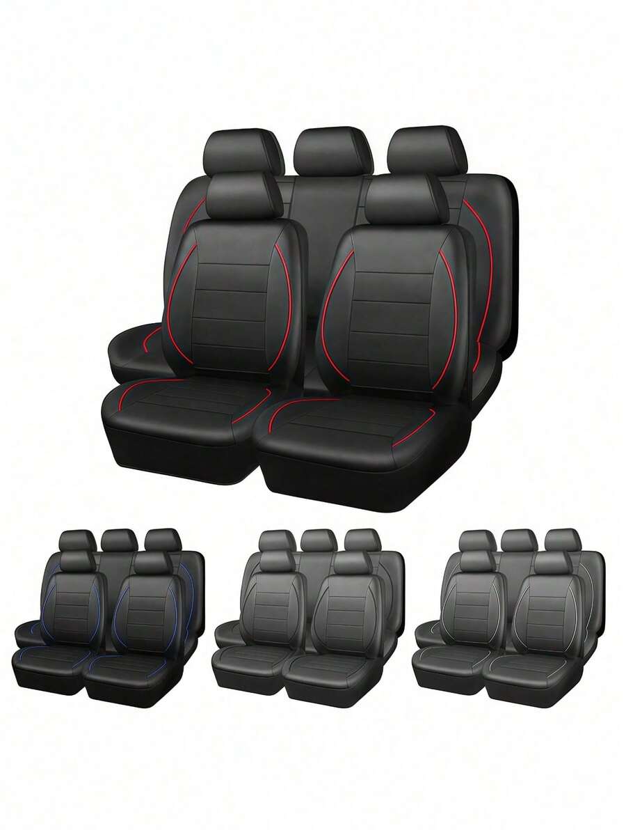 9件/4件套通用汽车座椅套，反光卷边真皮座椅保护套，适用于带安全气囊的车型，PU皮革，合成革，防水透气座椅套，通用型，适用于大多数轿车、SUV、卡车，豪华透气前排座椅套带腰部支撑，四季通用汽车座椅套，全套汽车座椅套 - 款式A - 查看 1