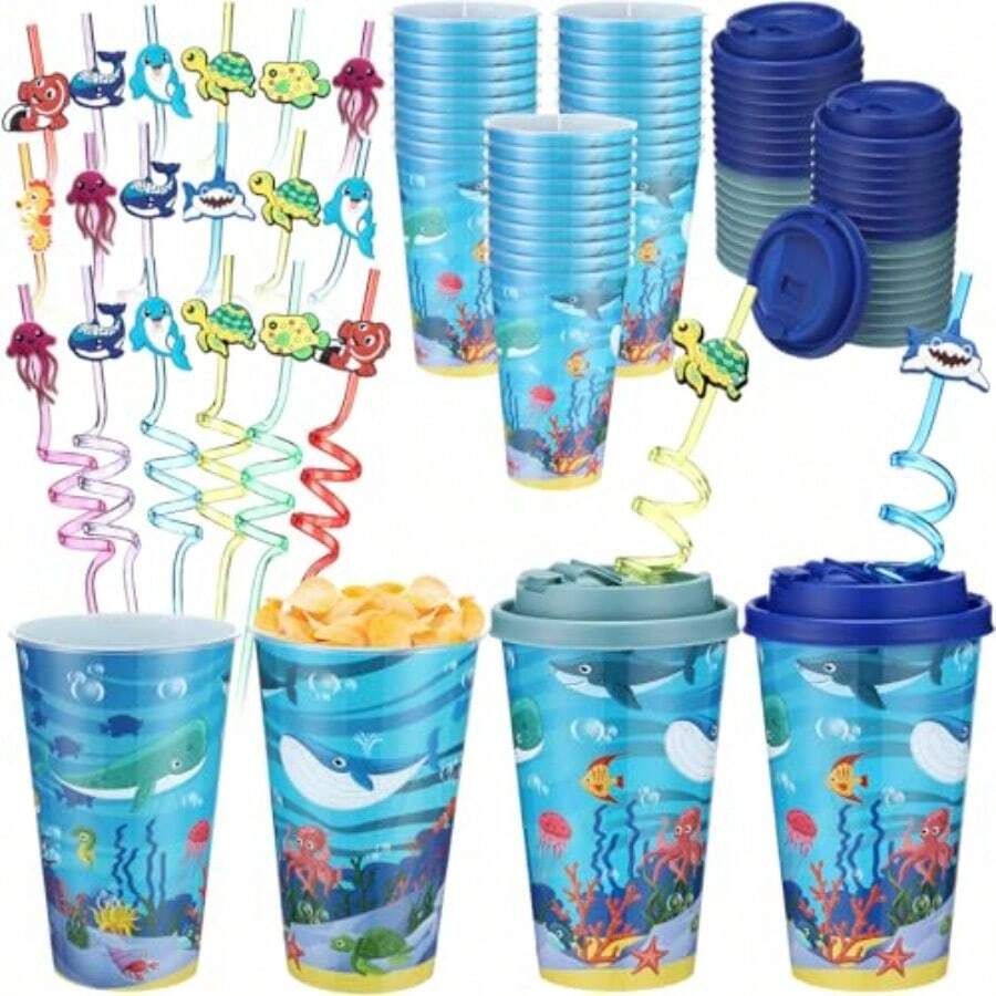 Yungyan - Juego de 16 tazas de regalo con tapas y pajitas para decoraciones de cumpleaños reutilizables de plástico de 16 onzas para fiestas de cumpleaños - Azul - Ver 1