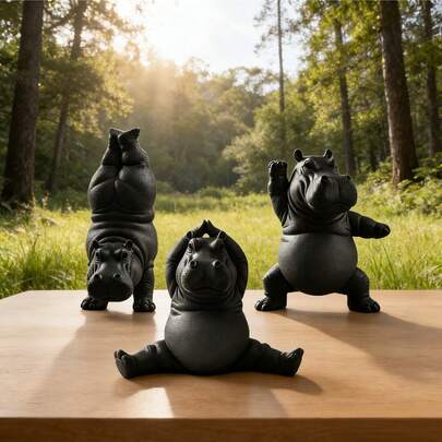 3pcs Hippopotamus Figurines - Durable Plastic Hippo Sculptures, Suitable For Indoor/Outdoor, Peaceful Animal Desktop Decor, Cute Cartoon Hippo Design - Perfect For Yoga Studio Decoration, Ideal Gift For Yoga Enthusiasts (Hippo Statues)