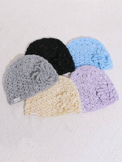 1顶女士Y2K可爱休闲风时尚镂空手工钩针花朵装饰闪亮银线透气针织帽，适合外出、摄影、日常佩戴