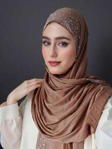 1pc Women's Popular Crystal Solid Color Knitted Headscarf Shawl, Soft Hijab Scarf, Casual Long Scarf - A - View 29