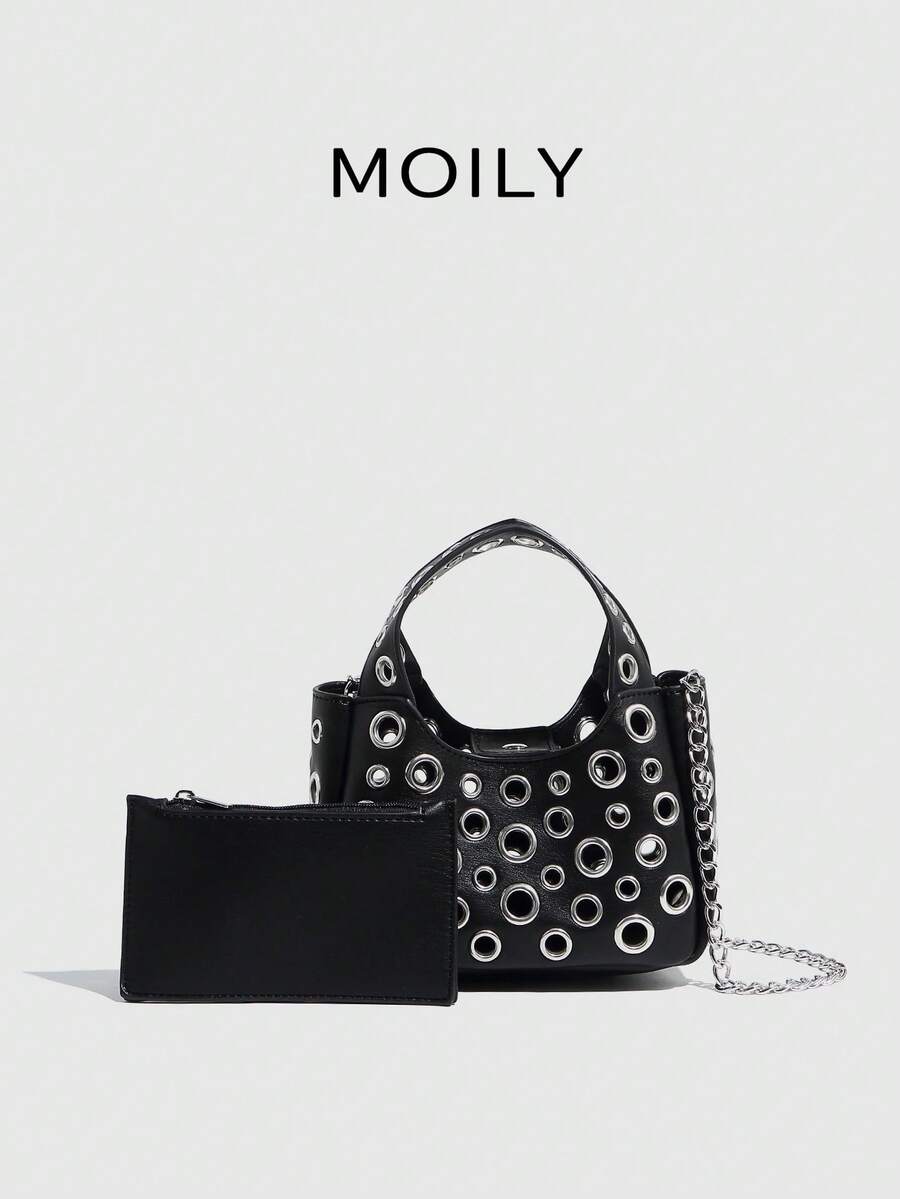 新款春夏铆钉手提包，时尚镂空手提包，金属链条单肩斜挎女包，两件套 - 黑色 - 查看 1