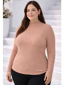 Women's Plus Size Long Sleeve Blouse With Medium High Ribbed Neck, Premium Comfortable Viscose - Marrón Mocha - Ver 5