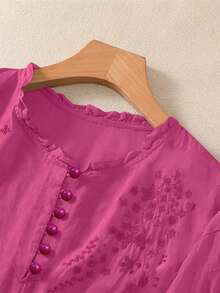 Women's Spring/Summer Embroidered Loose Retro Casual Mid-Sleeve Blouse - Hot Pink - View 5