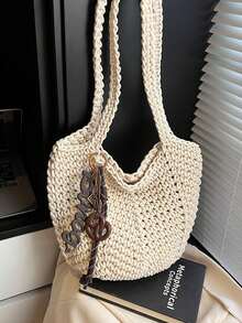 夏季海滩度假手提包，2023新款设计，大容量镂空编织单肩包，通勤两用 - 米色 - 查看 2