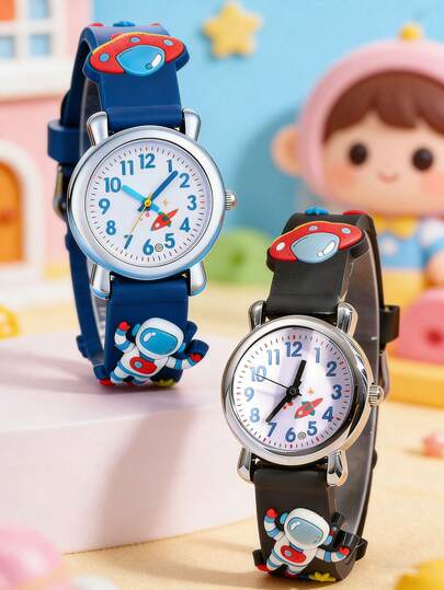 2pcs Children's Astronaut & Flying Saucer Pattern Quartz Watch, Suitable For Daily Decoration Or As Back To School, Christmas, Birthday Gift For Kids