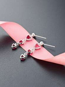 Heart Pendant & Silver Heart Stud Earrings, Versatile For Daily Wear And Party - Hot Pink - View 5