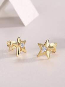 BLOVEMEE 2pcs Elegant 925 Silver 3.0mm X 2 Moissanite Star Stud Earrings, Suitable For Women's Daily Wear, High-End Party Earrings, Ideal Gift For Valentine's Day, Mother's Day, Christmas, Birthday, Wedding Anniversary - Yellow Gold - View 2