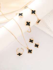 6件套简约四叶草首饰套装，包括项链、耳环和手链，适合派对、度假、送礼和日常佩戴。 - 黑色 - 查看 2