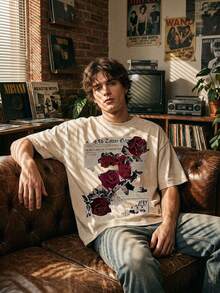 New American-Style 100% Cotton T-Shirt Suitable For Both Men And Women. Featuring Fun Retro Rose And Newspaper Cartoon Letter Pattern Prints. This Street-Style Korean-Style Comfortable Retro Fashion Commuting Versatile Y2k Clothing. Regular Small-Scale Punk-Style Fitted Black Round-Neck Short-Sleeved Washed T-Shirt From The Washed-Out Retro Series. Comfortable Pure Cotton T-Shirt From The Washed-Out Retro Series, Easily Creating Retro Casual Clothing. Suitable For Daily Commuting, Casual Outings, Music Festivals, And Daily Wear. Classic Retro Style. Men's Printed T-Shirt, Women's Printed T-Shirt. - 杏色 - 查看 3