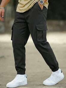 Boys' Fall Winter Streetwear Cargo Pants, Simple Straight Cuffed Trousers With Multi Pockets For Daily Use - Black - View 8