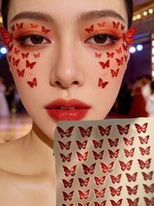 1pc Vintage Red Butterfly Face Sticker, Instantly Creates A Mysterious And Charming Atmosphere, Suitable For Chinese Style, And Other Styles, Easily Creates Atmospheric Makeup, Applicable For Concerts, Music Festivals, Children's Performances, Self-Adhesive And Easy To Use. - Multicolor - View 2