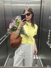 Round Neck Solid Color Pearl Button Short Sleeve Casual Versatile Knit Cardigan, Loose Fit, Suitable For Everyday Wear - Yellow - View 6