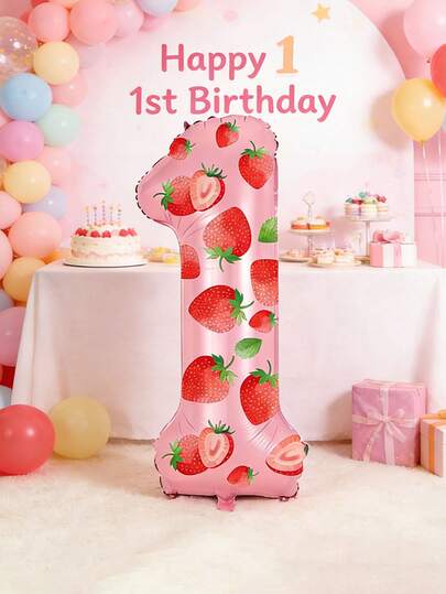 3pcs 40-Inch Strawberry Theme Foil Number Balloons Set, Large 0-9 Pink Digit Balloons Suitable For Birthday Party, Strawberry Theme, Fruit Party Decoration