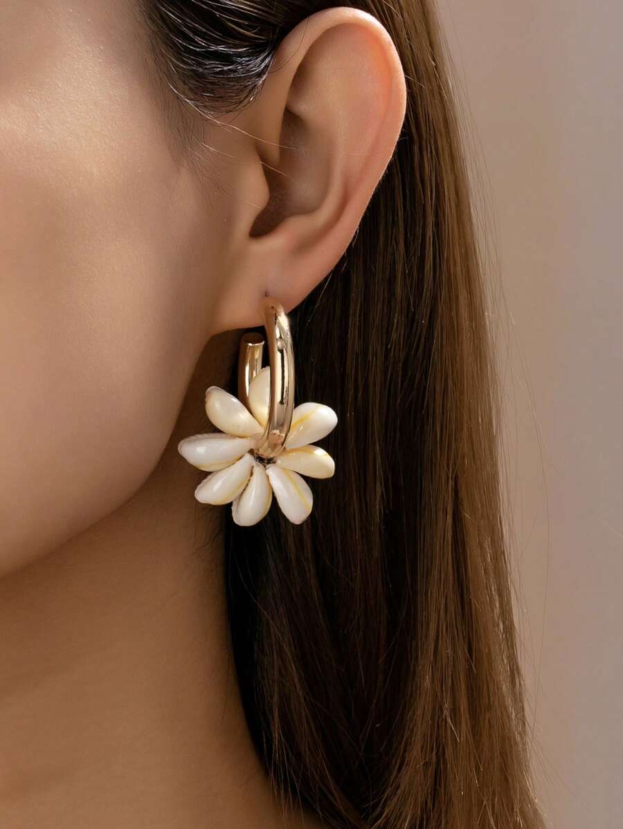 1 Đôi Khuyên Tai Hình Hoa Vỏ Sò Cho Nữ - Khuyên Tai Vỏ Sò Kiểu Hoa Phong Cách Boho - Trang sức Bohemian Cá tính, Thích hợp cho kỳ nghỉ và đeo hàng ngày - Nhiều màu - Xem 1