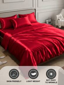 Bộ ga trải giường satin 2/3 món, bộ đồ giường ngủ mềm mại và thoải mái, ga trải giường màu trơn thân thiện với da, 1/2 vỏ gối và 1 ga trải giường, bộ ga trải giường satin lụa, phù hợp với mọi kích cỡ giường - đôi/đơn/nữ hoàng/vua, mềm mại và thoáng khí, đạt chứng nhận Oeko-Tex. - Đỏ - Xem 7