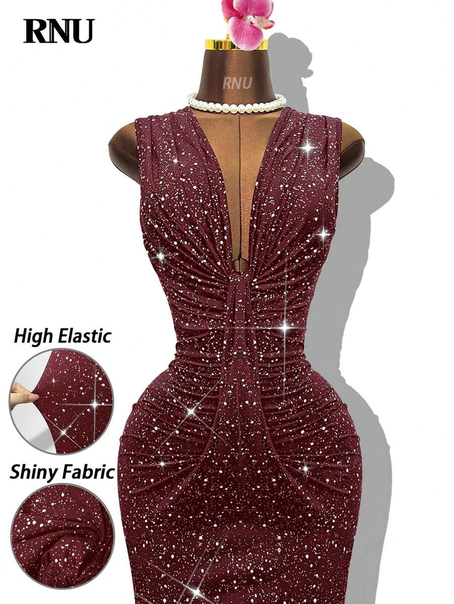 RNU 女士性感亮面酒红色派对/约会/万圣节/圣诞节连衣裙，夜店节日情人节新年音乐会服装，宴会生日俱乐部连衣裙，女士V领无袖优雅可爱高弹柔软舒适修身开衩连衣裙 - 酒紅色 - 查看 1