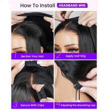 ZHENDEFA Kinky Straight Half Wig Human Hair 3 In 1 Seamless Flip Over Half Wigs For Women Ready To Go Headband Wig 180% Density Drawstring Kinky Straight Half Wig Glueless Natural Black - SNatural - View 8