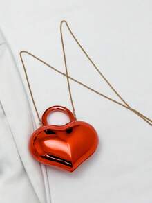 Glossy Heart-Shaped Metal Chain Bag, Sweet & Cool Mini Handbag, Party Style Shoulder Crossbody Bag - Multicolor - View 3