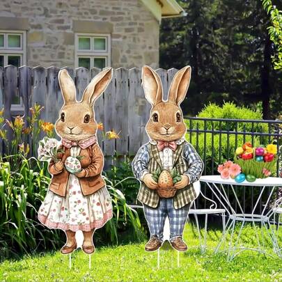 This Is A 2D Acrylic Outdoor Decoration Featuring Two Easter Bunnies.