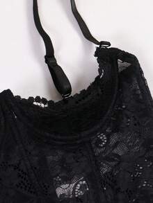 3件套女士蕾丝提拉塑形内衣套装，包括性感塑形文胸、内裤和丝袜 - 黑色 - 查看 4