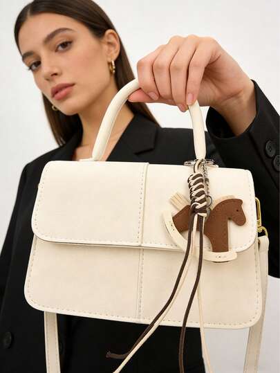 1pc Cute Pony Charm Beige Handbag, Women's Minimalist Tote Shoulder Bag With Adjustable Detachable Strap, Suitable For Travel, Shopping, Dating, Ideal Gift For Women, Teens, College Students, Beginners And Working Women, Applicable For Office, School, Work, Business, Commuting, Outdoor Activities, Travel, Picnic And Other Occasions