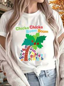 "CHICKA BOOM" Fun Printed Short Sleeve Top, Available In Black & White, Perfect For All Seasons, Outdoor, Home, Sports, Gatherings, Vacations & Work,100% Cotton Oversized Short Sleeve Classic Heavy Cotton T Shirt Printed Graphic Tee Women's Casual Short-Sleeved Top2026 - 白色 - 查看 7