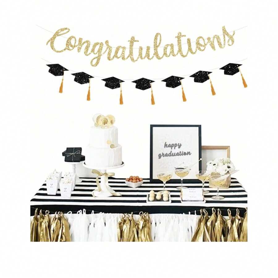 祝贺毕业横幅装饰 2026 届 金色闪光祝贺毕业带流苏派对装饰 大学高中派对礼品 黑色 无需 DIY - 查看 1